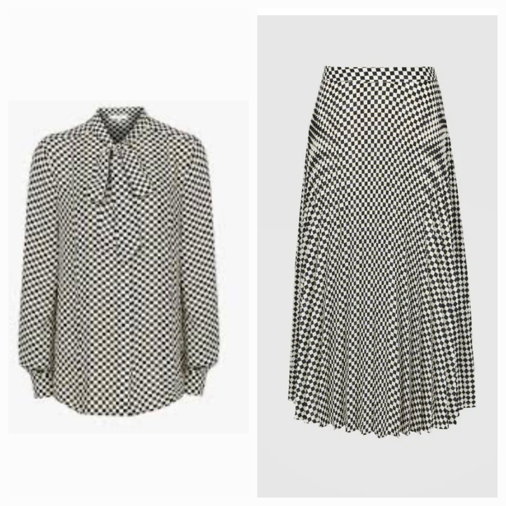 Reiss Abigail 2 Piece Set Black White Yellow Check Midi Pleated Skirt Blouse